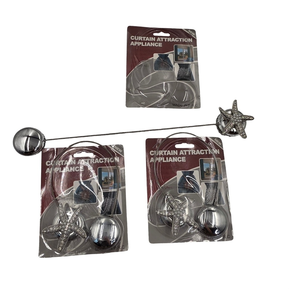 Magnetic Starfish Curtain Tiebacks Set of 3 Silver Rhinestone Pearl Beach O1